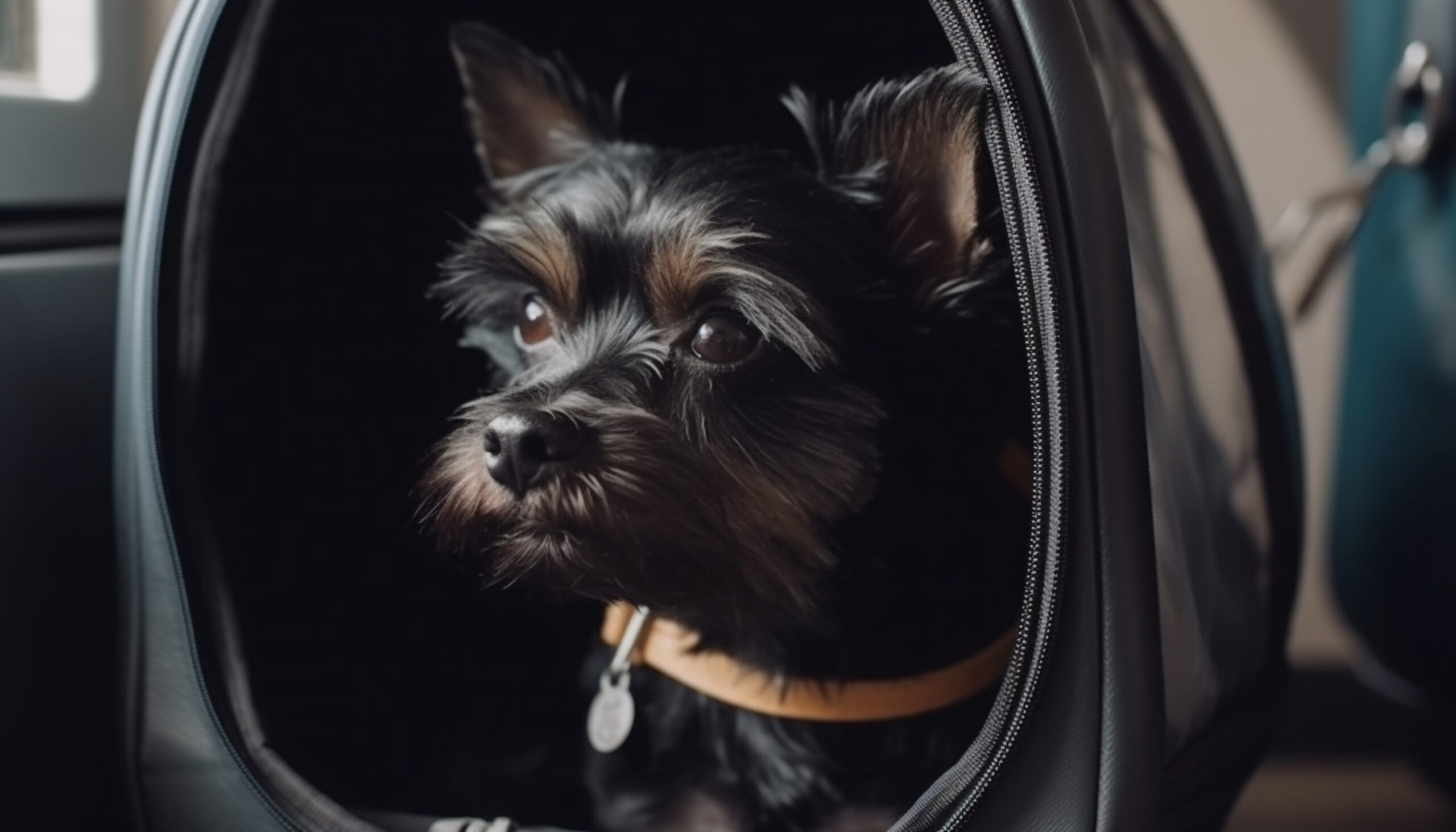 Perro negro viajando en avión